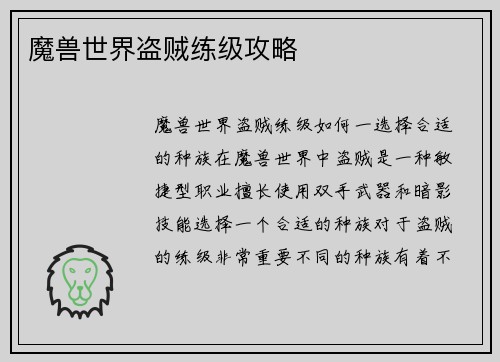 魔兽世界盗贼练级攻略